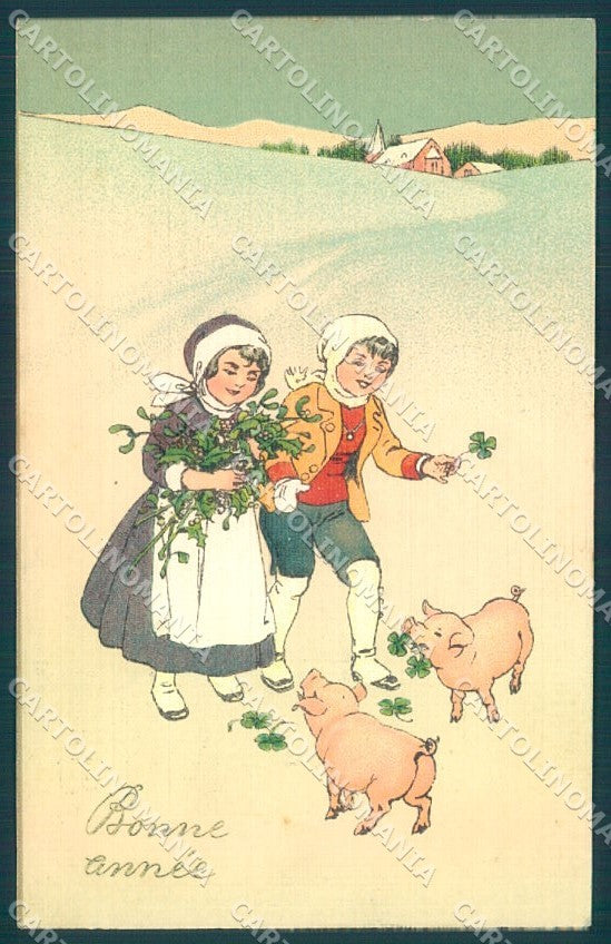 New Year Pig Children Four Leaf Clover Mistletoe serie 3276 postcard TW1608 – fronte
