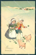 New Year Pig Children Four Leaf Clover Mistletoe serie 3276 postcard TW1608 – fronte