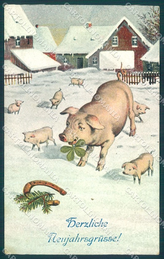 New Year Pig Horseshoe Four Leaf Clover serie 4573-6 postcard TW1610 – fronte