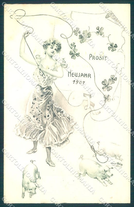 Artist Signed Bruning Lady Pig Four Leaf Clover serie 4089 ABRADED pc TW1611 – fronte