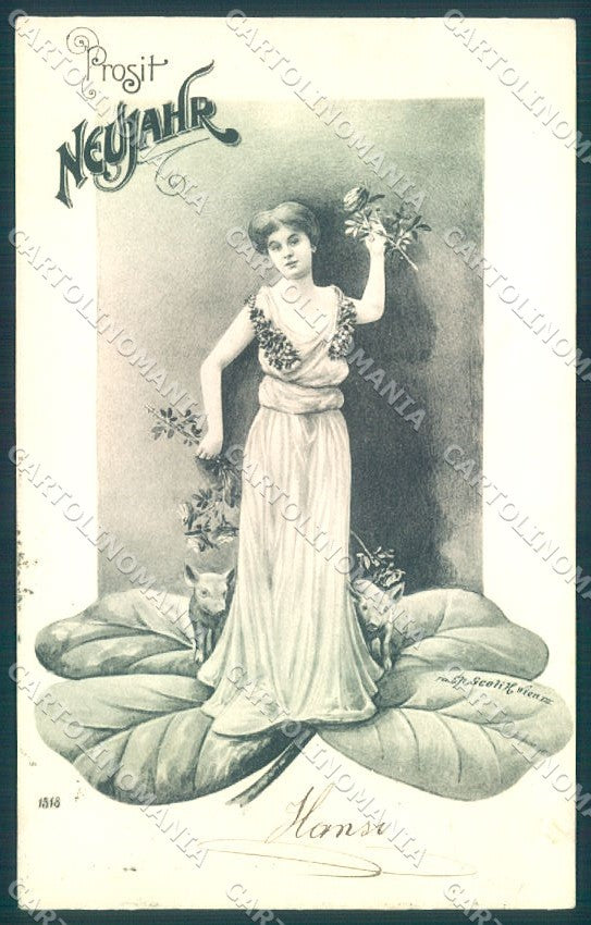 Artist Signed Scolik New Year Lady Pig Four Leaf Clover serie 1318 pc TW1614 – fronte