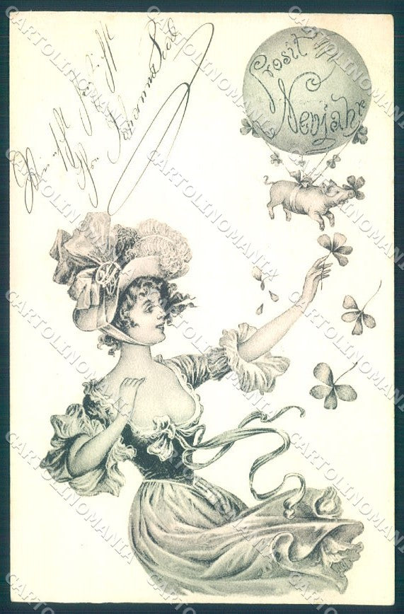 Artist Signed New Year Lady Pig Four Leaf Clover PFB serie 1940 postcard TW1616 – fronte