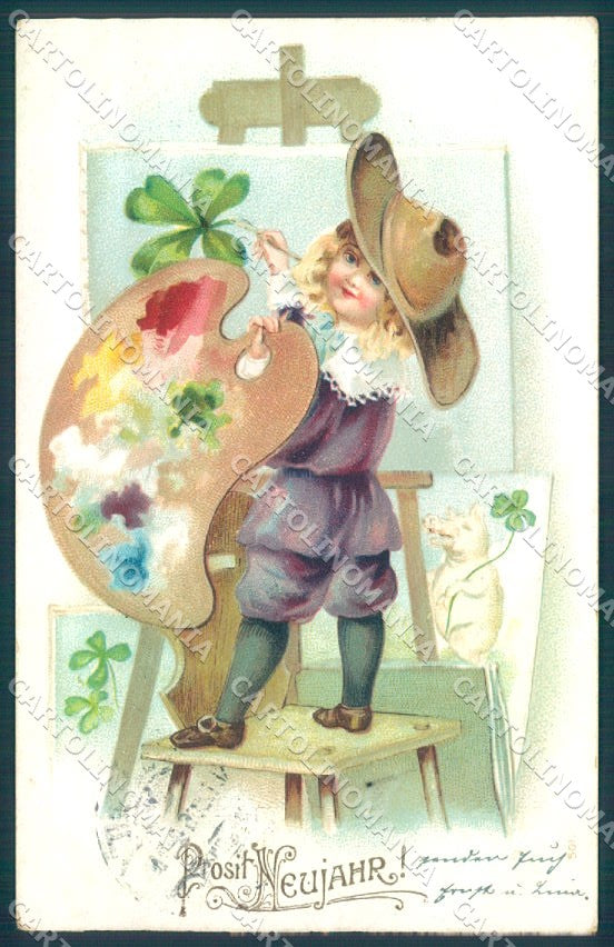 Artist Signed New Year Painter Child Pig Four Leaf Clover Relief postcard TW1617 – fronte