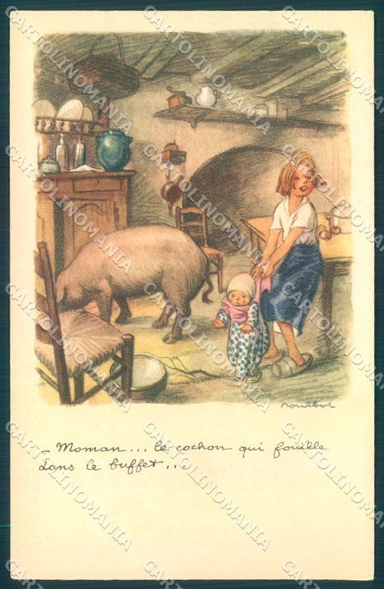 Artist Signed Poulbot Children Pig Contre Taudis cartolina postcard TW1618 – fronte