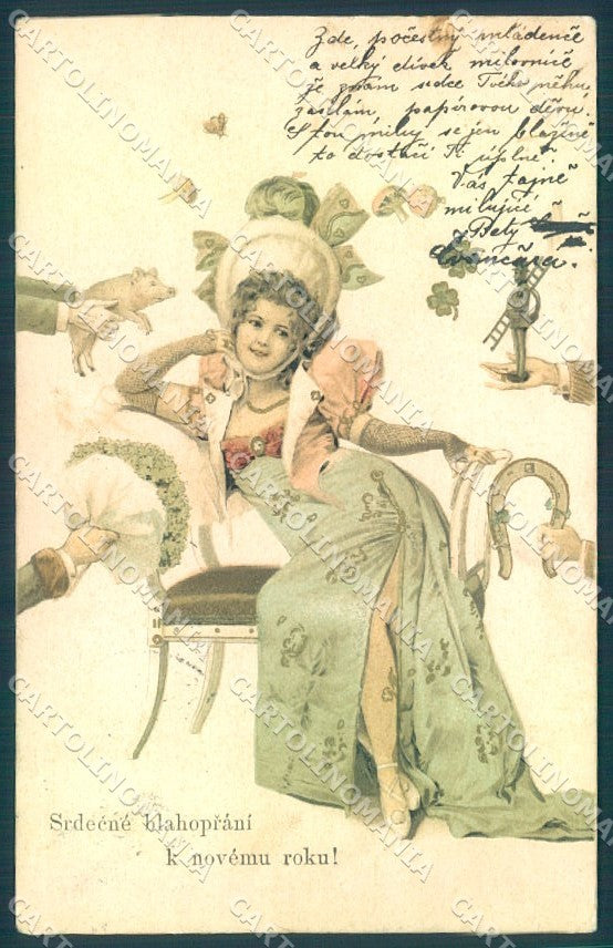 Artist Signed Geiger ? Lady Pig Horseshoe Four Leaf Clover serie 1905 pc TW1620 – fronte