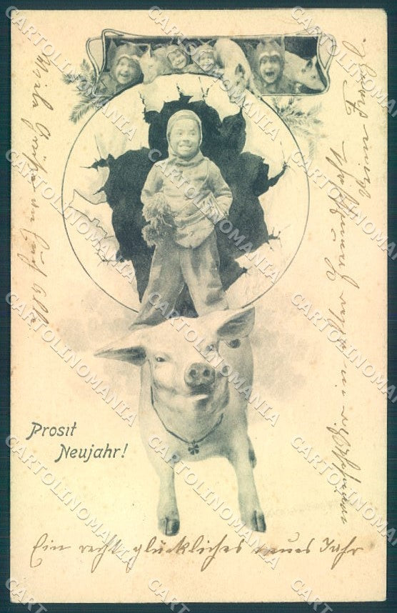 Artist Signed Scolik New Year Pig Chimney Sweep Boy BKWI postcard TW1622 – fronte