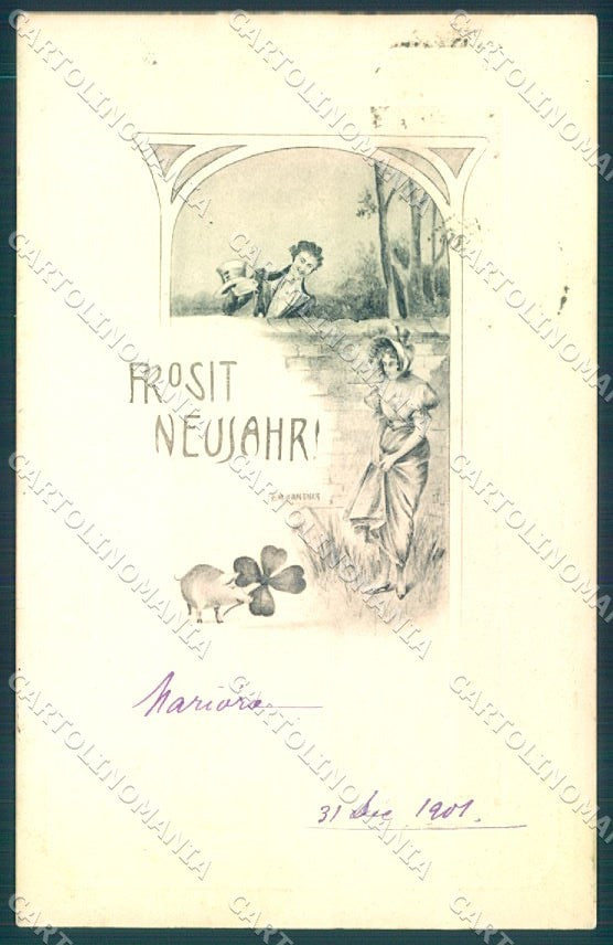 Artist Signed Kantner New Year Lady Man Pig Four Leaf Clover postcard TW1624 – fronte