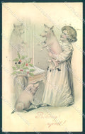 Artist Signed New Year Child Girl Pig serie 396 UNGLUED postcard TW1627 – fronte