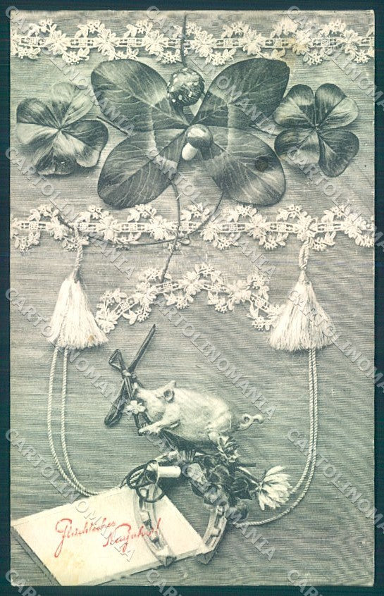 New Year Pig Four Leaf Clover Horseshoe Mushroom Embroidery postcard TW1628 – fronte