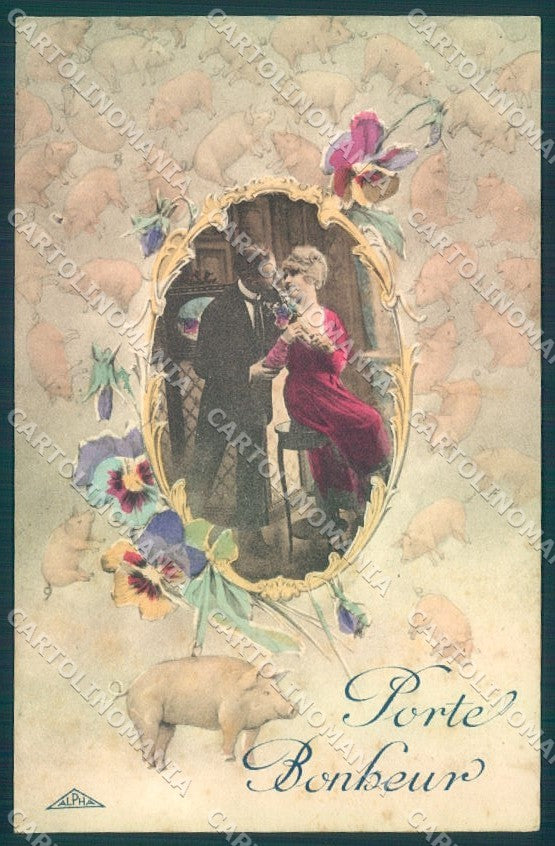 Greetings Augurali Couple Pig Lucky Charm Violet serie 13 postcard TW1634 – fronte
