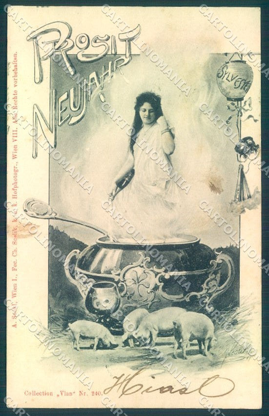 Artist Signed Scolik New Year Lady Pig Pot serie 240 cartolina postcard TW1635 – fronte