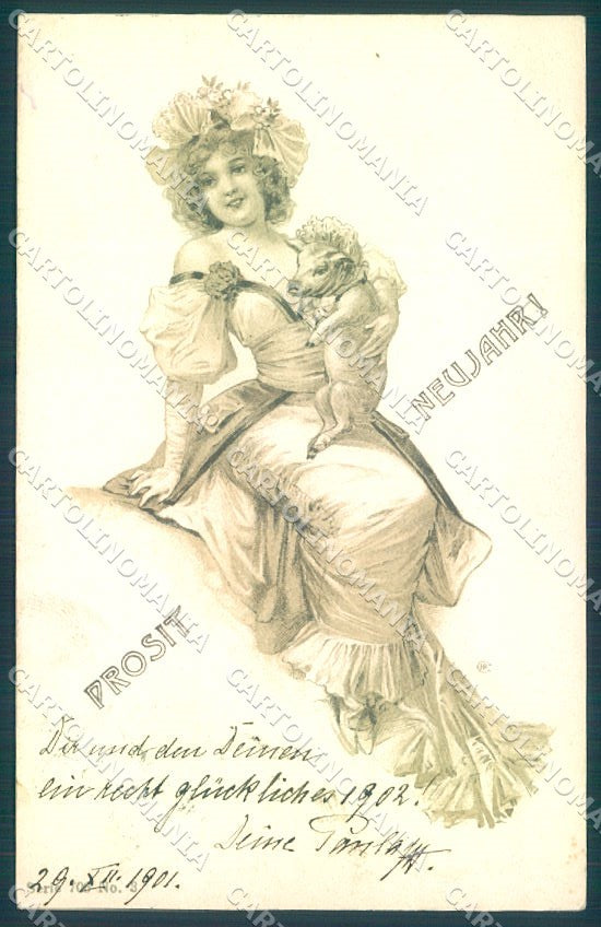 Artist Signed Geiger New Year Lady Pig serie 706-3 cartolina postcard TW1638 – fronte