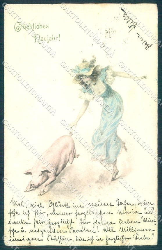 Artist Signed New Year Lady Pig Viennoise MM Vienne cartolina postcard TW1639 – fronte
