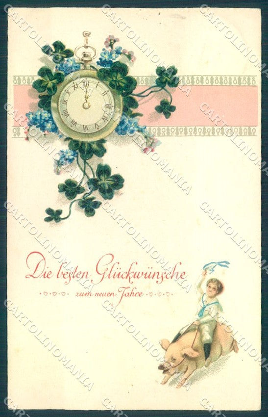 New Year Pig Child Boy Four Leaf Clover GGK 423 CREASED postcard TW1640 – fronte