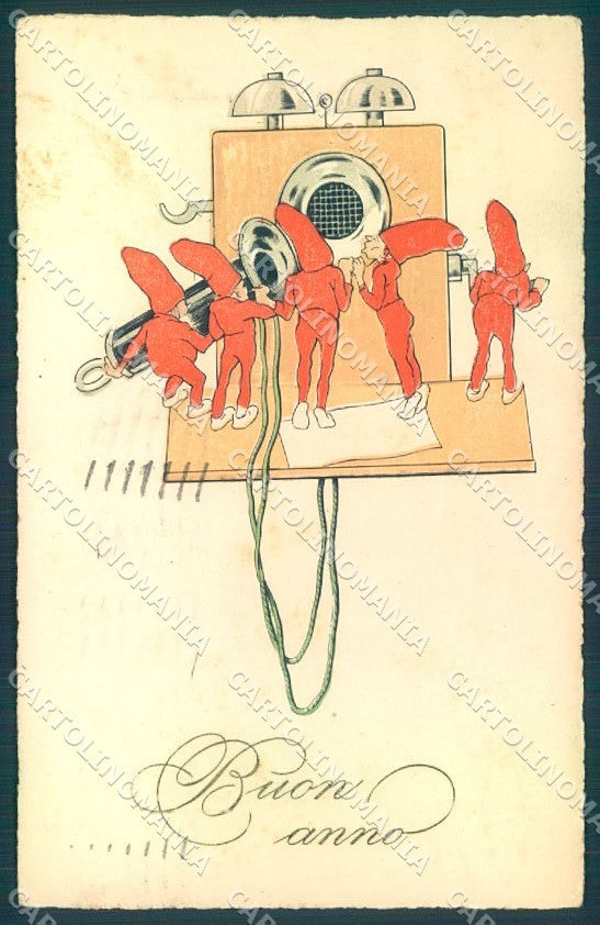 New Year Gnome Telephone UNGLUED cartolina postcard TW1648 – fronte