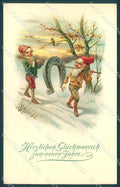 New Year Gnome Horseshoe serie 3122 cartolina postcard TW1654 – fronte