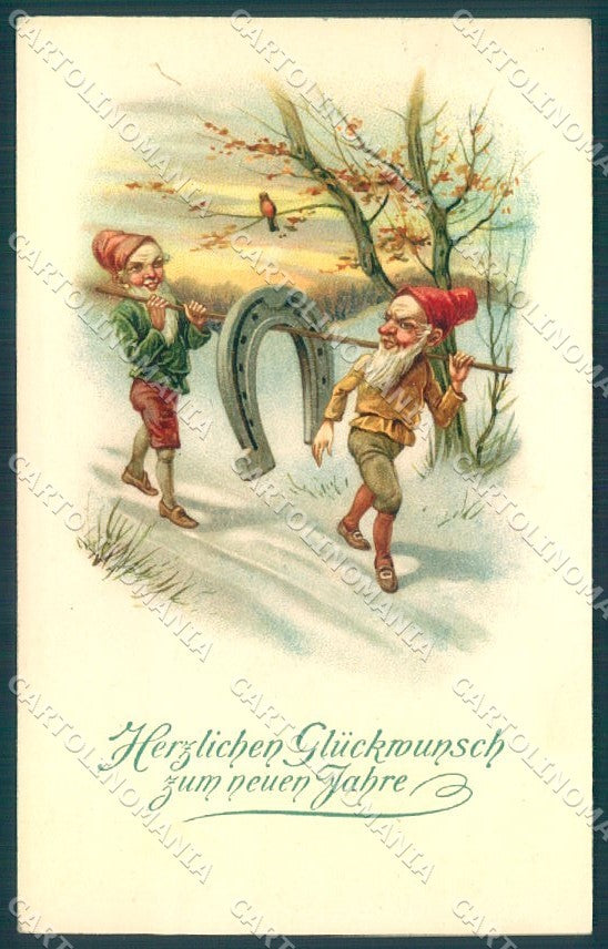 New Year Gnome Horseshoe serie 3122 cartolina postcard TW1654 – fronte