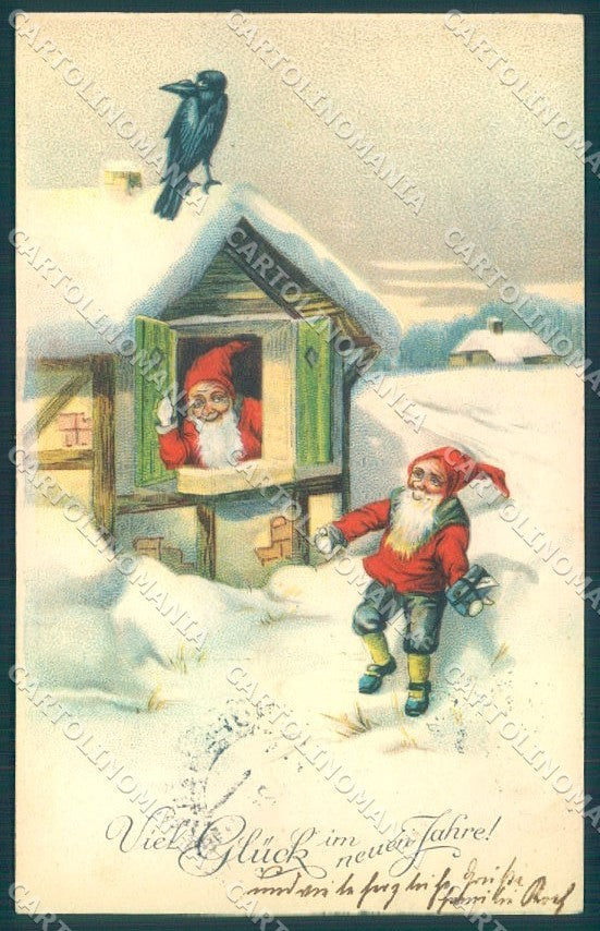 New Year Gnome Snow Crow EAS 5086 CORNER CREASE cartolina postcard TW1655 – fronte