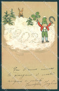 New Year 1902 Gnome Four Leaf Clover Rabbit Horseshoe Erika 830 Relief pc TW1656 – fronte
