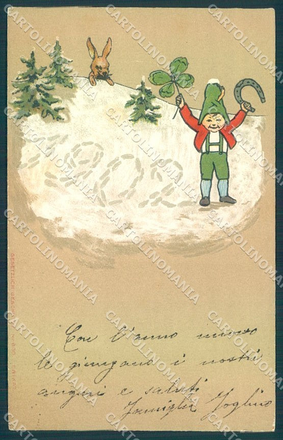 New Year 1902 Gnome Four Leaf Clover Rabbit Horseshoe Erika 830 Relief pc TW1656 – fronte