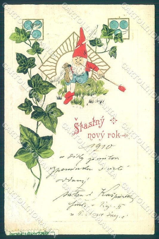 Greetings New Year Gnome Ivy Relief ABRADED TRIMMED cartolina postcard TW1670 – fronte