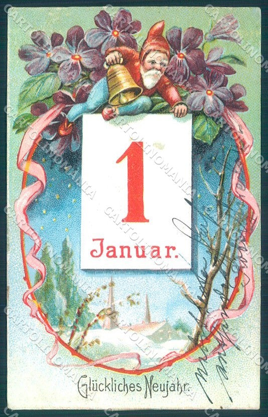 Greetings New Year Gnome Flower Violet serie 7166 cartolina postcard TW1673 – fronte