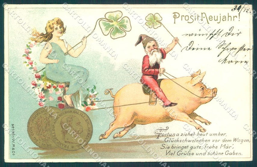 Artist Signed Franc Joseph Lady Pig Gnome Four Leaf Clover Silk 136 pc TW1685 – fronte