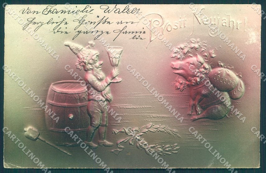 Greetings New Year Gnome Pig Money Toasting Relief ABRADED pc TW1686 – fronte
