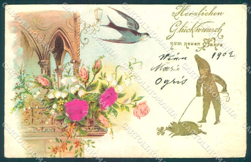 Greetings Year Gnome Pig Four Leaf Clover Swallow Flower Silk Relief pc TW1690 – fronte