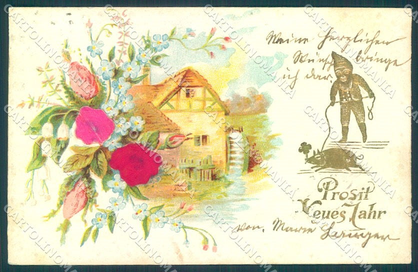 Greetings New Year Gnome Pig Four Leaf Clover Flower Silk Relief postcard TW1691 – fronte