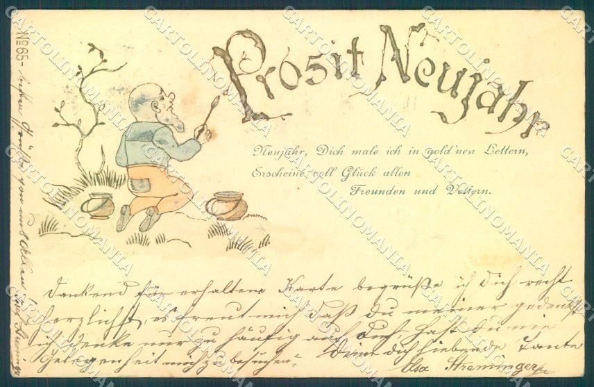 Greetings New Year Gnome Painting serie 65 Relief cartolina postcard TW1692 – fronte