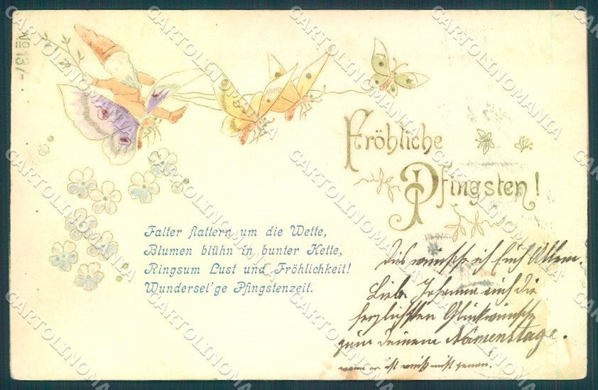 Greetings Augurali Pfingsten Gnome Butterfly Flower serie 137 Relief pc TW1699 – fronte