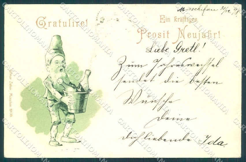 Greetings New Year Gnome Toasting Zieher 35 cartolina postcard TW1701 – fronte