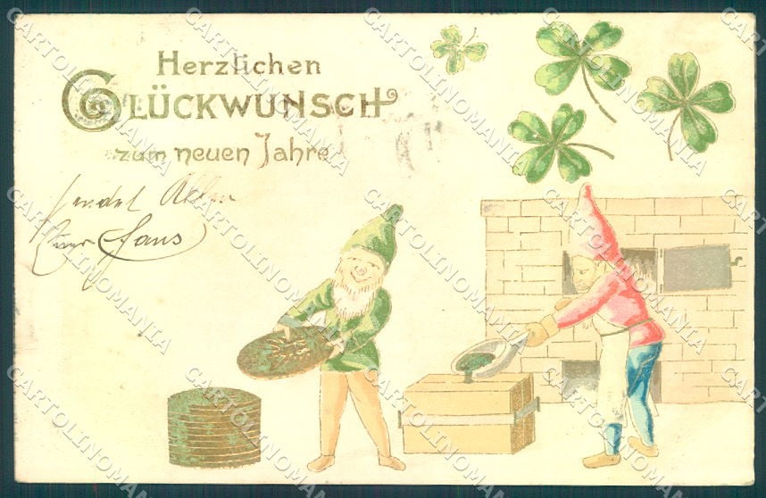 Greetings New Year Gnome Four Leaf Clover Money Relief cartolina postcard TW1706 – fronte