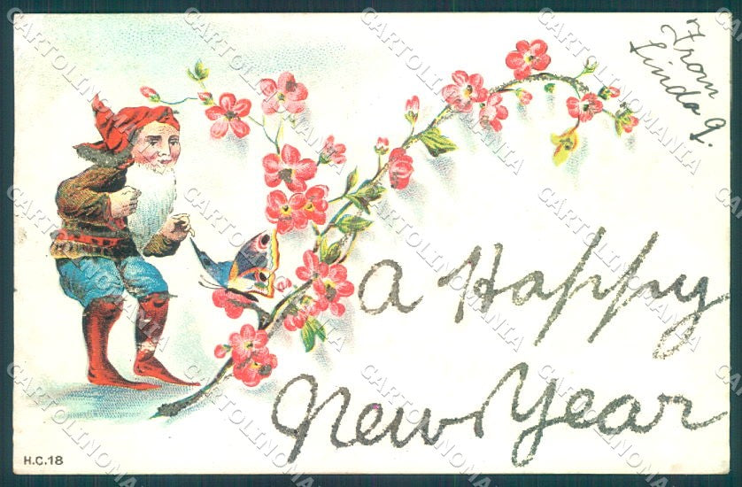 Greetings New Year Gnome Flower serie HC 18 Relief CORNER CREASED pc TW1707 – fronte