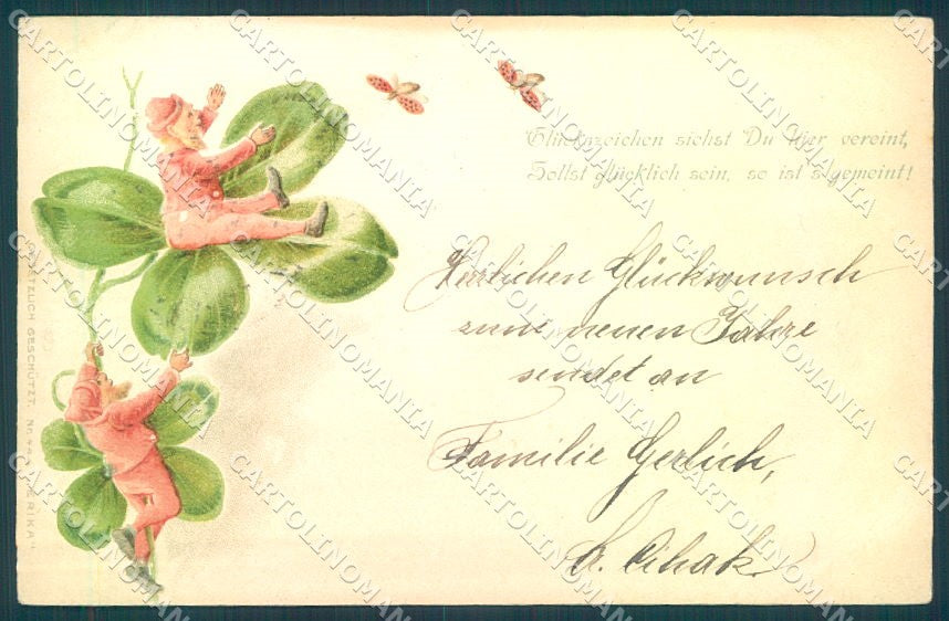 Greetings New Year Gnome Four Leaf Clover Erika 444 Relief CREASE pc TW1718 – fronte