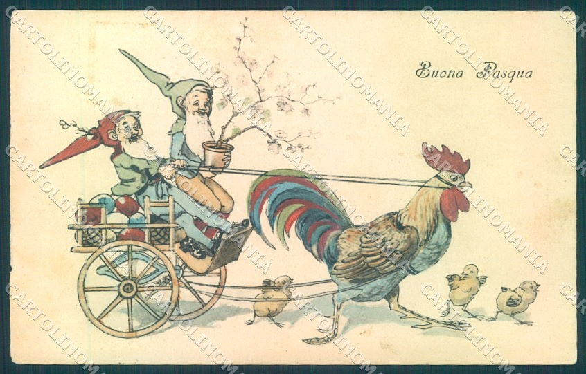 Greetings Easter Gnome Egg Chick Rooster HHiW 612 ABRADED postcard TW1721 – fronte