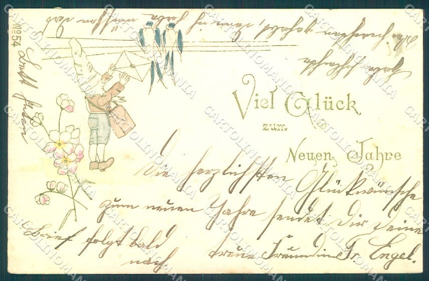 New Year Gnome Swallow Flower Relief serie 54 cartolina postcard TW1723 – fronte