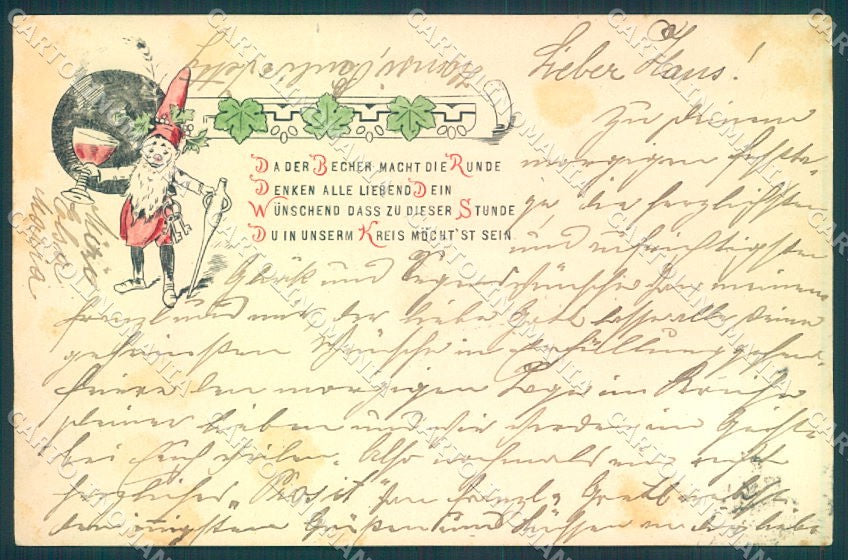 Greetings Gnome Toasting CREASED cartolina postcard TW1724 – fronte