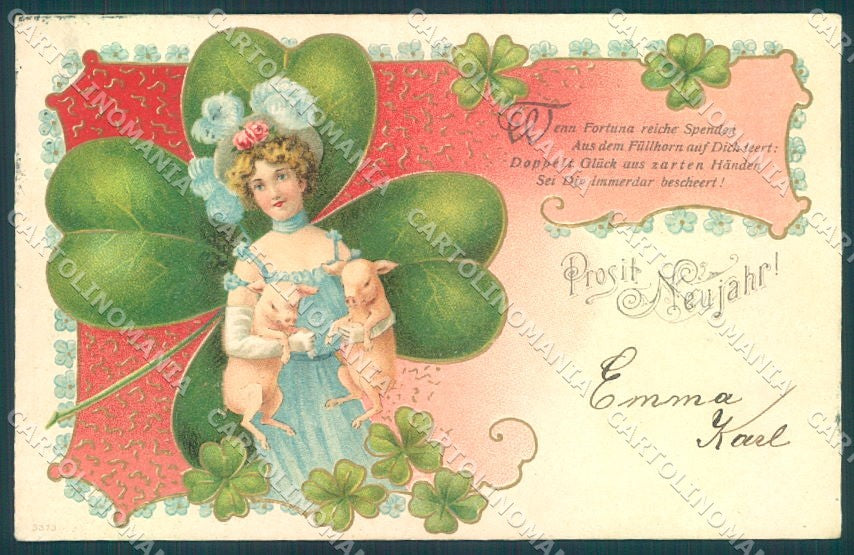 Artist Signed Pig Fashion Lady Four Leaf Clover Relief 3373 postcard TW1728 – fronte