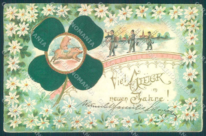 Greetings New Year Pig Four Leaf Clover Chimney Sweep Silk Relief pc TW1729 – fronte