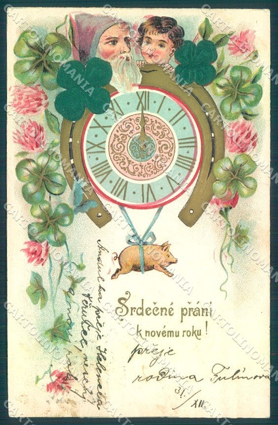 New Year Pig Four Leaf Clover Horseshoe Gnome Child Silk Relief TEAR pc TW1732 – fronte