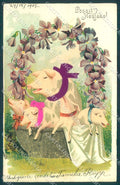 Greetings New Year Pig Violet serie 209 Silk cartolina postcard TW1734 – fronte