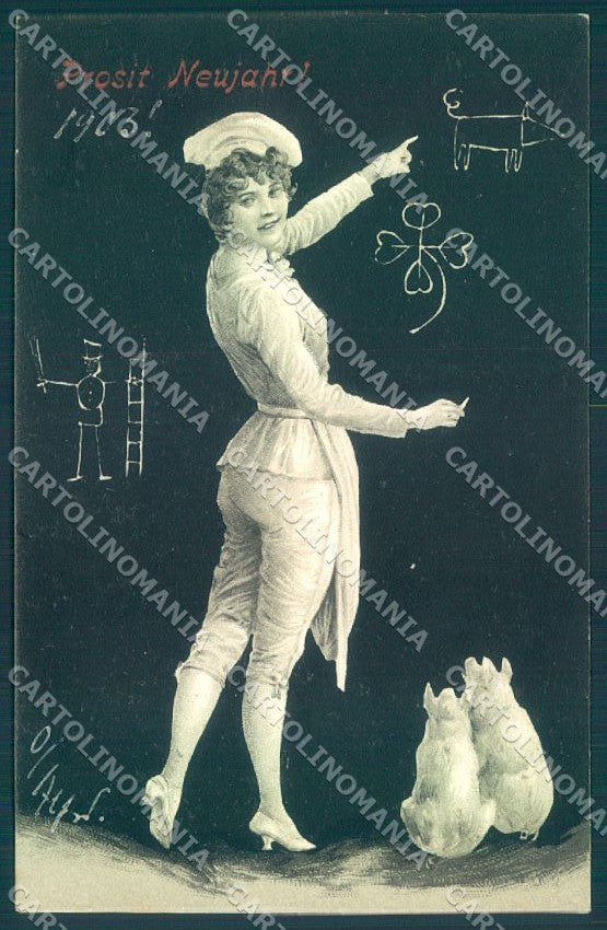 Greetings New Year Lady Pig Four Leaf Clover Chimney Sweep serie 1922 pc TW1735 – fronte