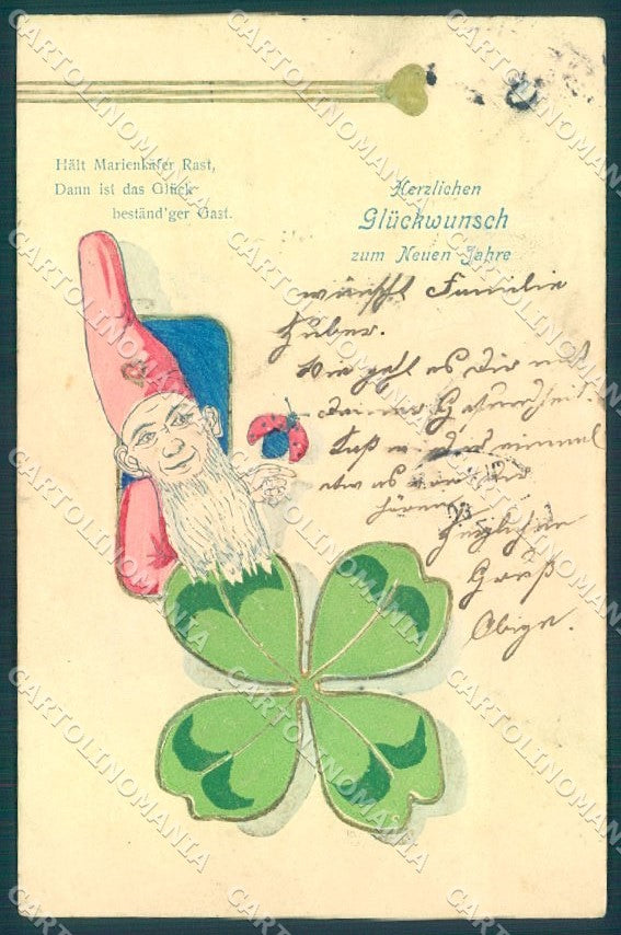 Greetings New Year Gnome Four Leaf Clover Ladybug Relief ABRADED postcard TW1739 – fronte
