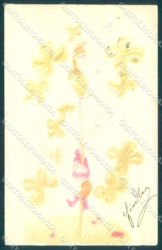 Greetings New Year Gnome Four Leaf Clover Relief cartolina postcard TW1750 – fronte