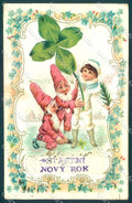 Greetings New Year Gnome Cupid Four Leaf Clover Flower cartolina postcard TW1751 – fronte