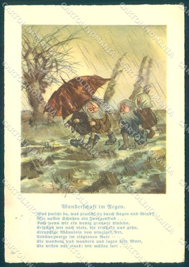Artist Signed Gnome Rain Umbrella FG LBR 89 cartolina postcard TW1783 – fronte