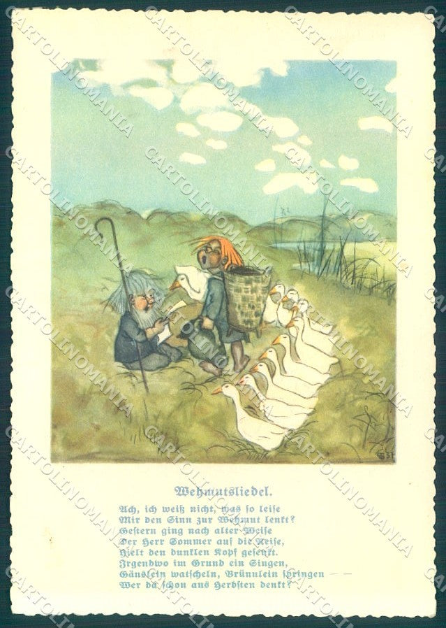 Artist Signed Gnome Children Goose FG LBR cartolina postcard TW1787 – fronte