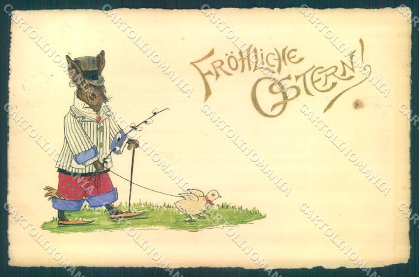 Greetings Easter Dressed Hare Chick Relief cartolina postcard TW1792 – fronte
